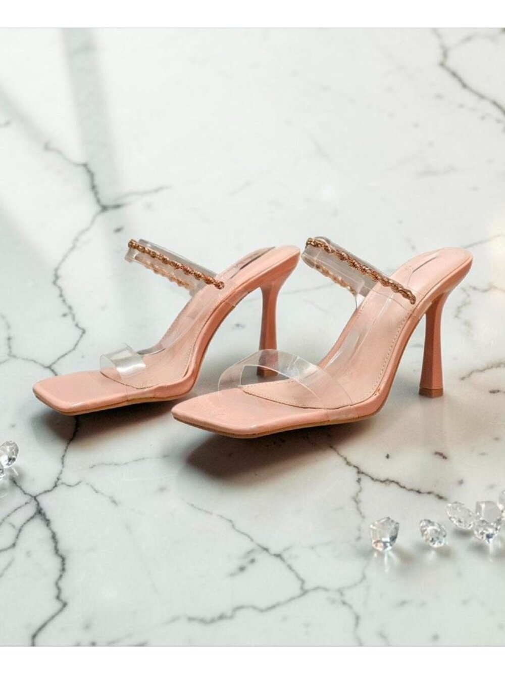 Clear Strap Stiletto Heel Sandals With Chain Detail In Nude Chic Square Toe Desi